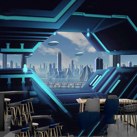 Captivating 3D spaceship wallpaper design featuring vibrant colours and intricate details, perfect for cosmic-inspired home decor
