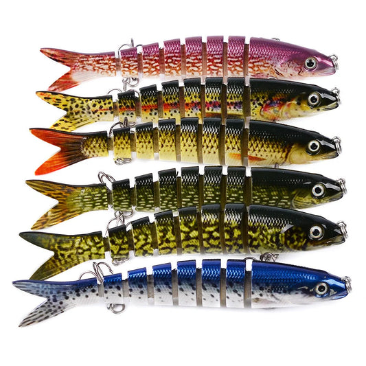 Multi-jointed pike fishing lure with light reflection and sound attraction features