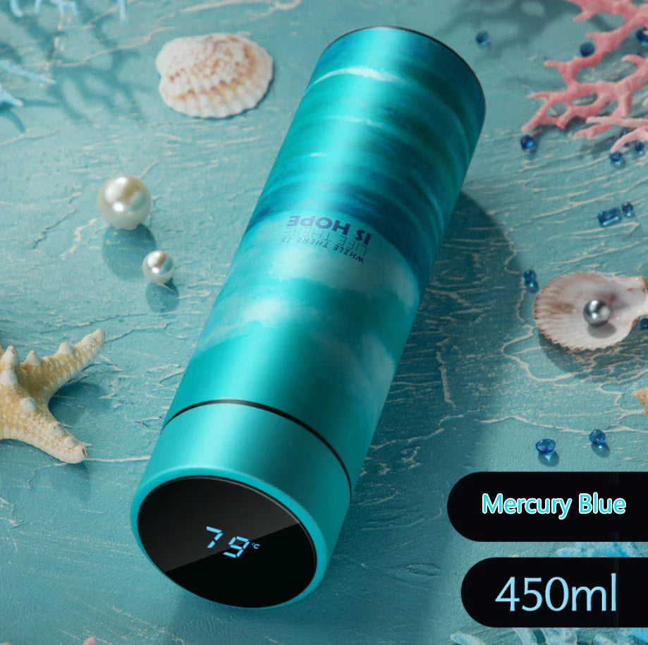 Premium stainless steel vacuum flask with LED touch display for temperature monitoring, available in various colors and sizes