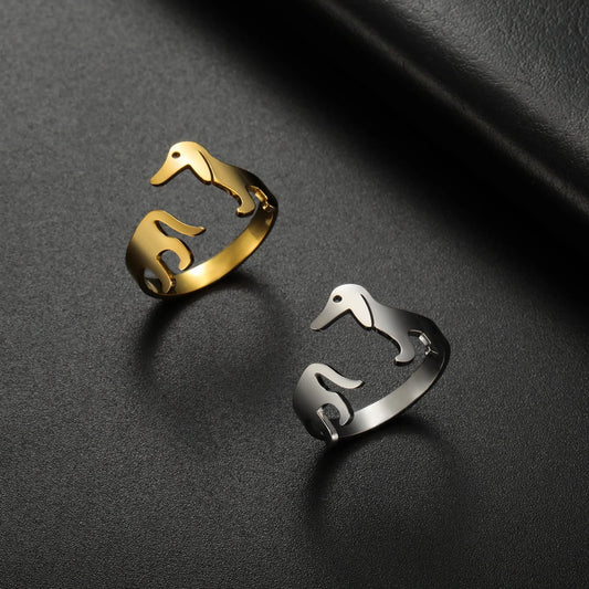 Adjustable titanium steel ring featuring a playful sausage dog design