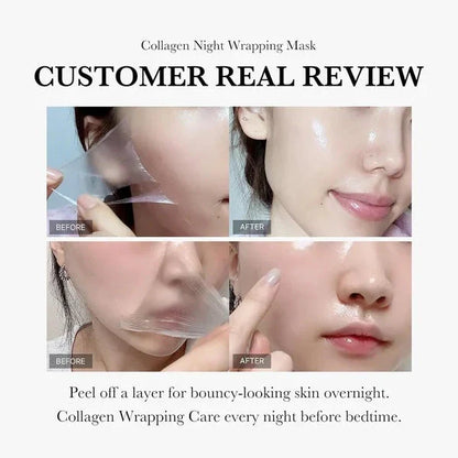 Rejuvenating collagen-infused night mask with innovative tear-off design and specialist application brush for visibly firmer, more hydrated and smoother skin