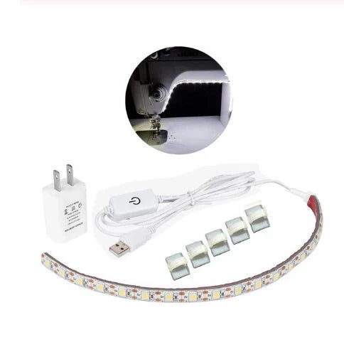 Adjustable LED light bar with touch-sensitive dimming controls for sewing machines, providing customizable lighting for sewing, quilting, and embroidery projects.