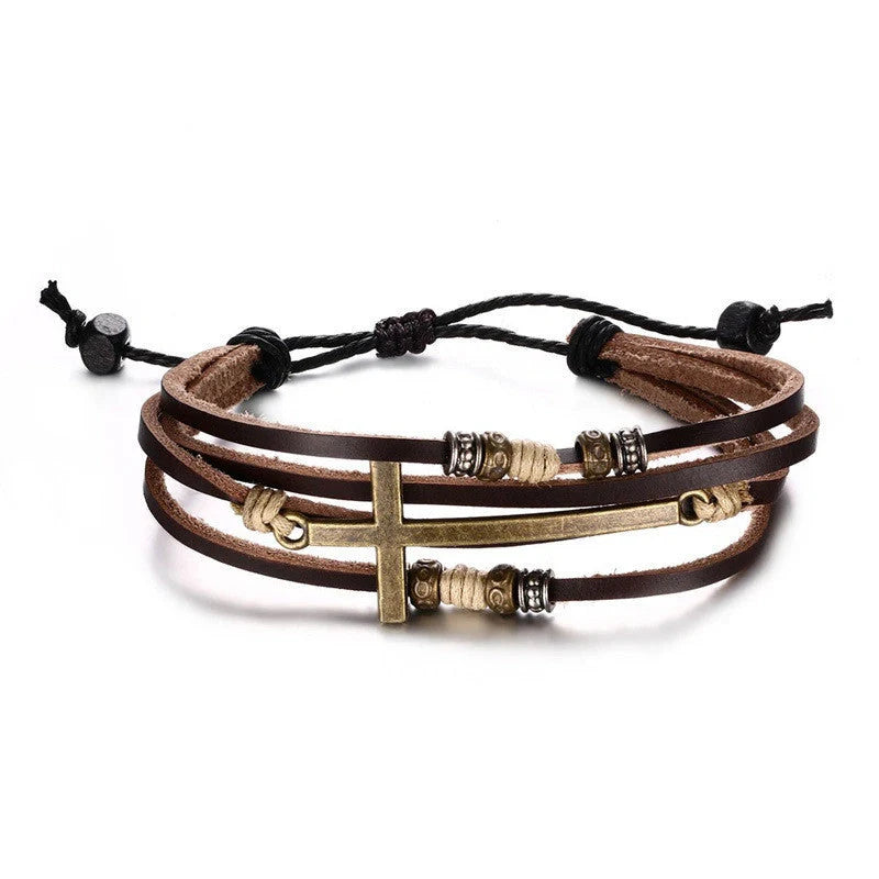 Rugged leather cross bracelet with durable construction and adjustable fit, a versatile accessory for the modern British gentleman