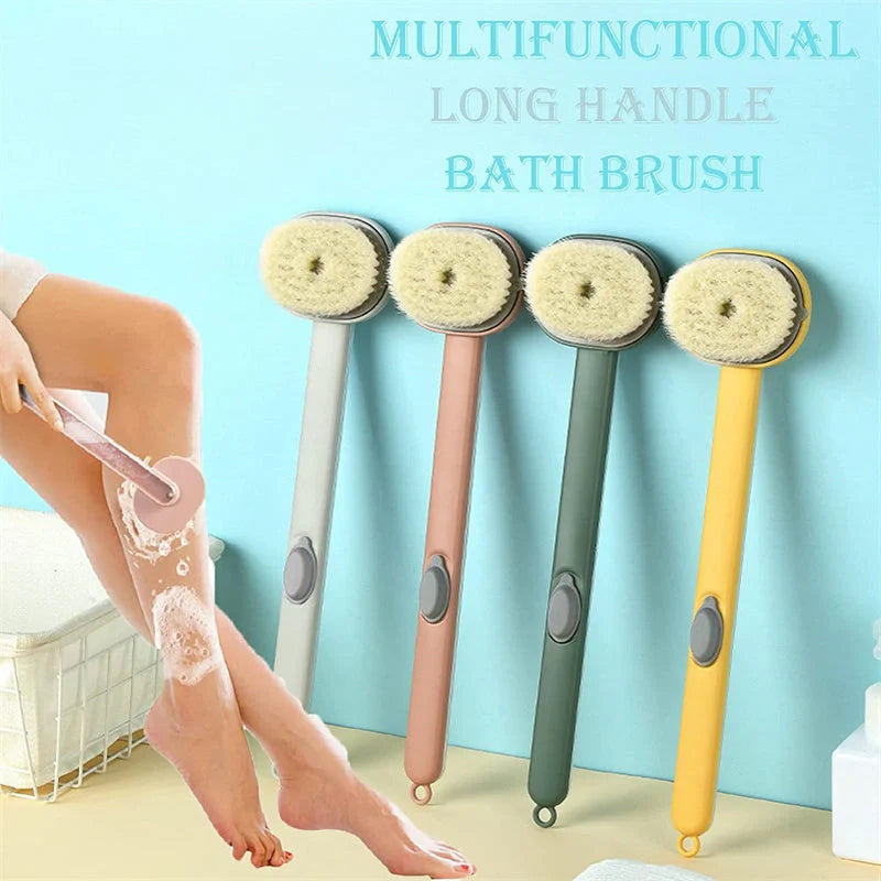 Ergonomic dual-purpose shower brush with detachable head in yellow, grey, green, and pink