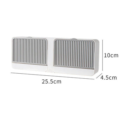 Wall-mounted bathroom storage organizer made of durable iron with compartments for storing bath essentials like sponges, soap, brushes, and towels