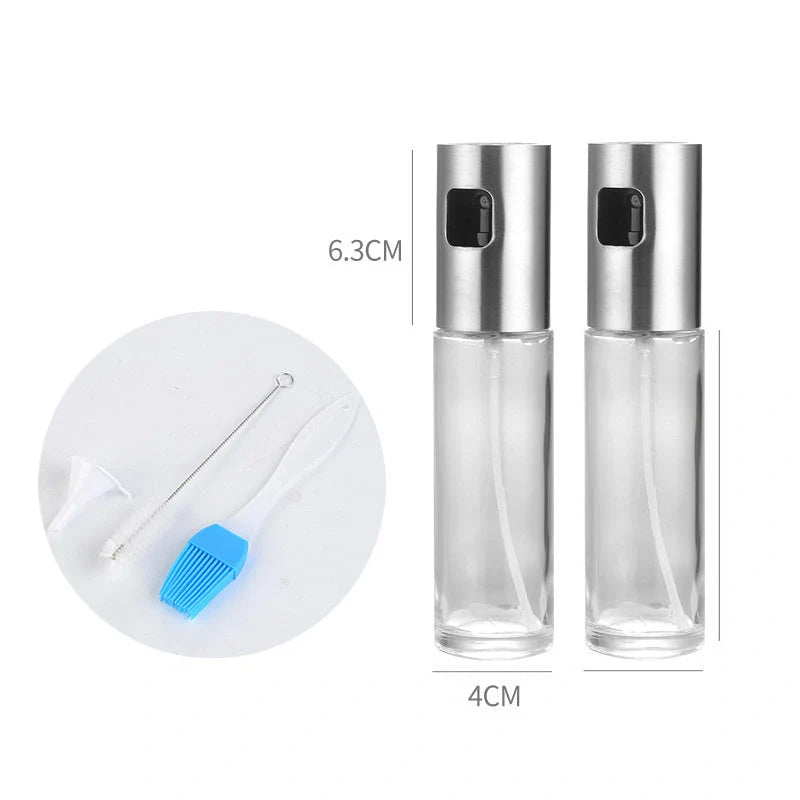 Stainless steel kitchen oil spray bottle with ergonomic button and glass body