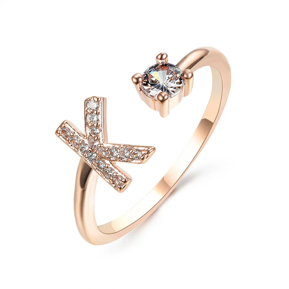 Customizable adjustable ring with 26 letters for women, featuring zircon stones and copper alloy construction
