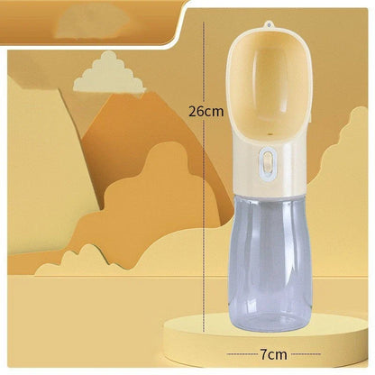 Portable pet water bottle and food bowl made of durable plastic, available in multiple colors for outdoor adventures with your furry friend.