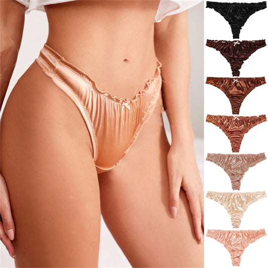 Premium satin and cotton blend women's briefs with a flattering T-back design, offering luxurious comfort and style.