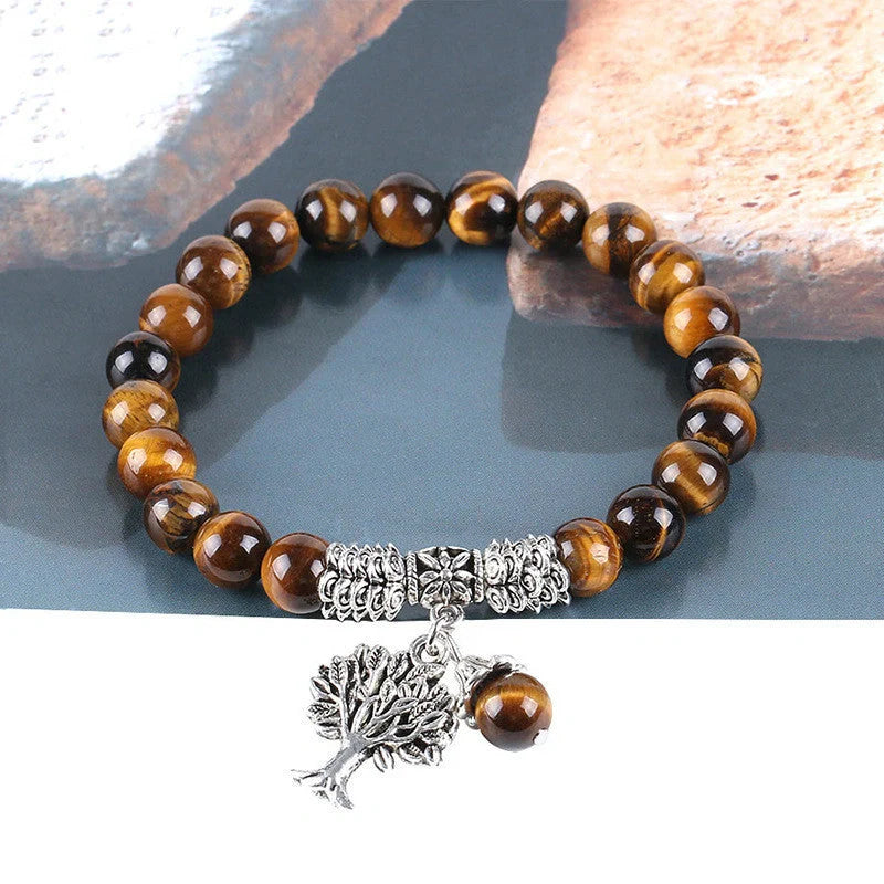 Tree of Life Natural Tiger's Eye Stone Bracelet with ancient silver plating