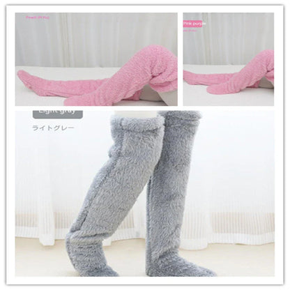 Cozy over-the-knee fuzzy socks in various colors, including brown, blue, dark gray, and pink purple
