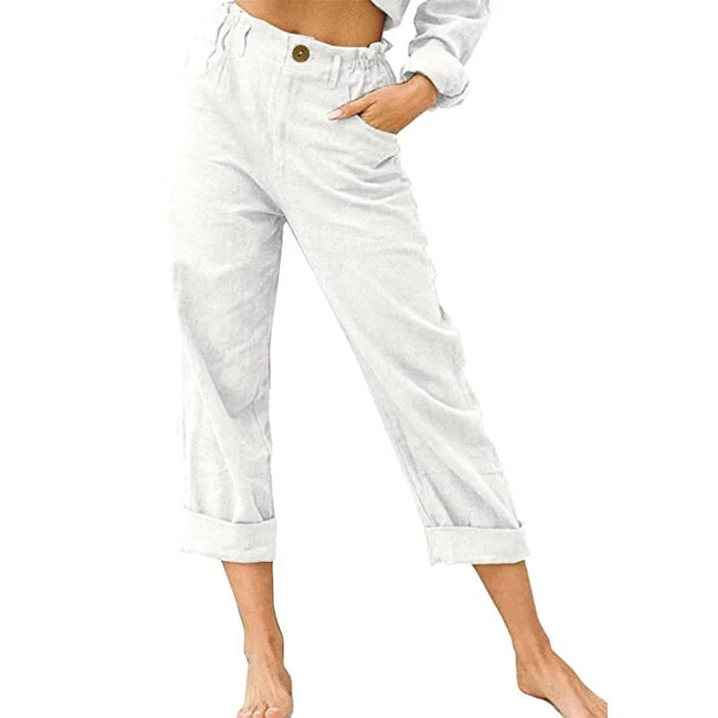 Women's cotton linen patchwork pants with drawstring back and elastic waist in various colours