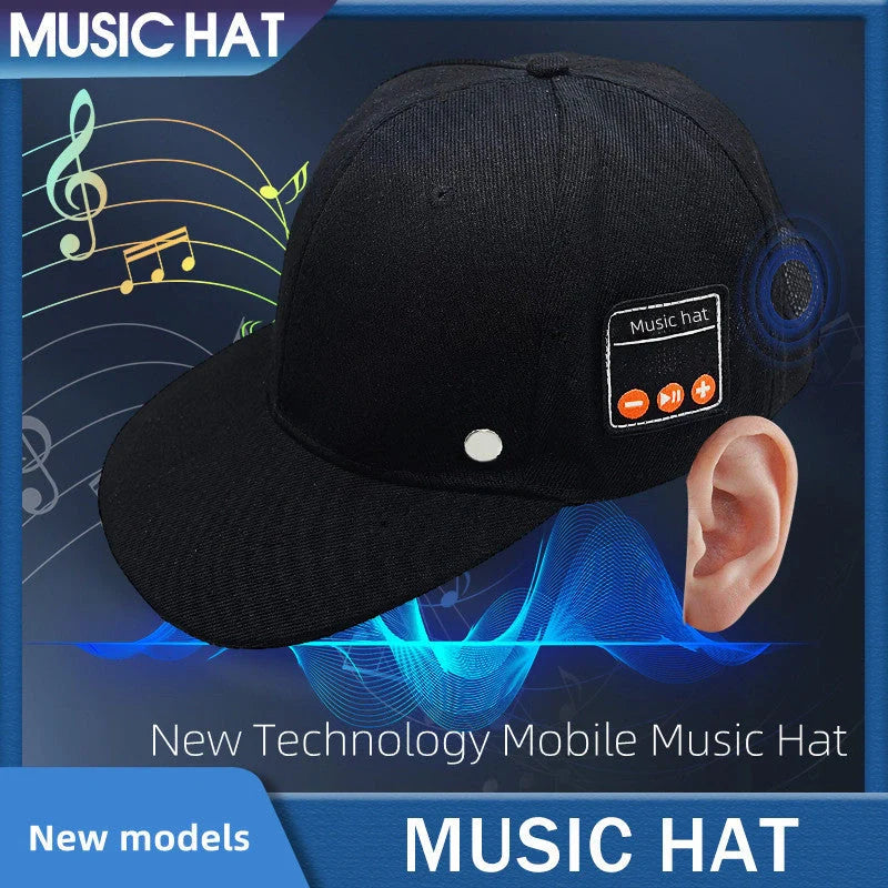 Bluetooth-compatible music hat in black and light grey with adjustable sizing