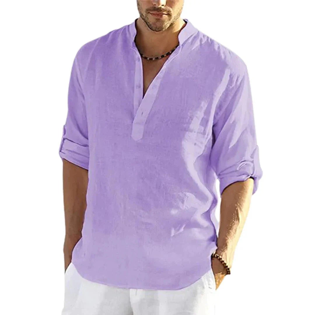 A stylish linen-blend men's casual shirt with a stand collar, button-down closure, and slim tailored fit