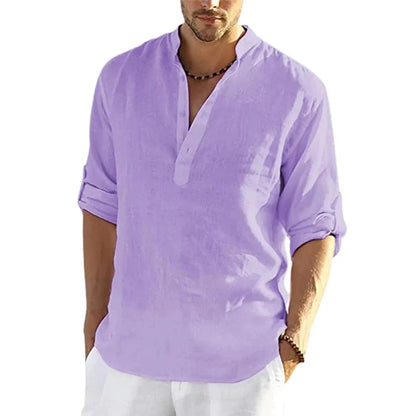 A stylish linen-blend men's casual shirt with a stand collar, button-down closure, and slim tailored fit