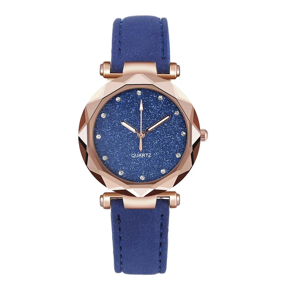 Stylish and versatile starry-patterned watch with a sleek case and comfortable leather strap, available in a variety of captivating colors