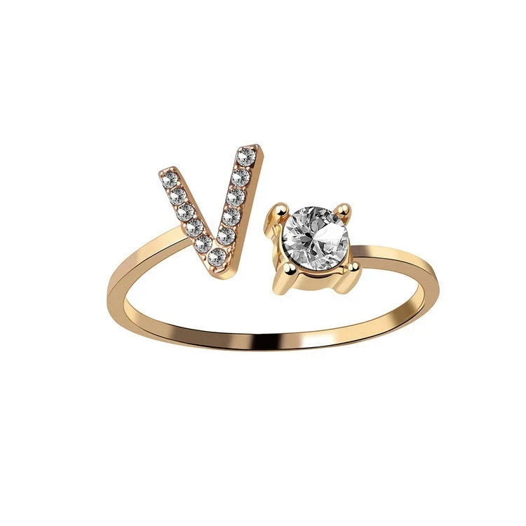 Customizable adjustable ring with 26 letters for women, featuring zircon stones and copper alloy construction