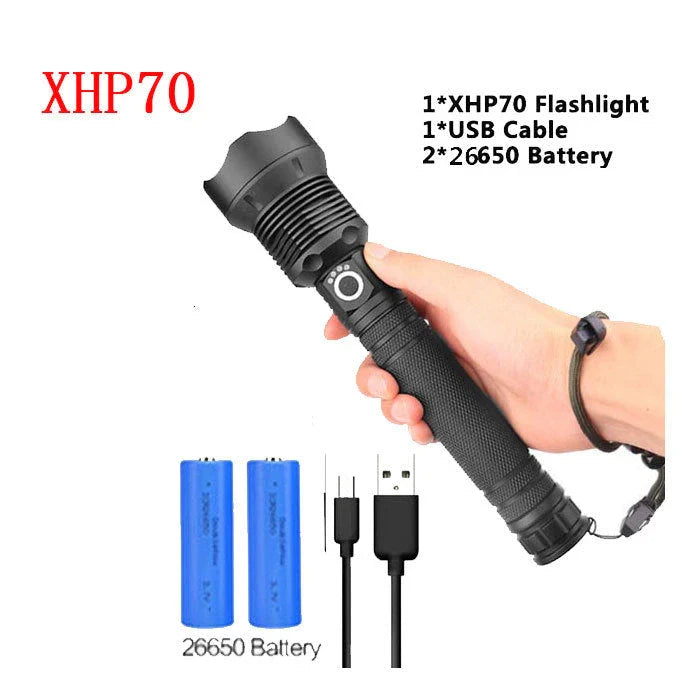 A durable, waterproof USB rechargeable flashlight with adjustable zoom and powerful LED light.