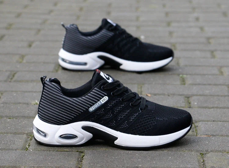 Men's breathable lace-up sports shoes in blue, black, grey, and black red
