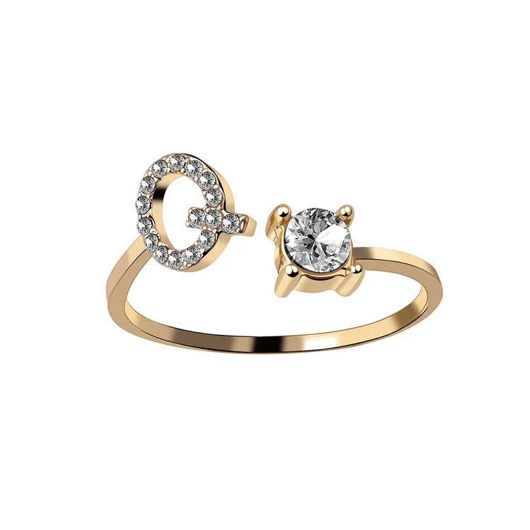 Customizable adjustable ring with 26 letters for women, featuring zircon stones and copper alloy construction