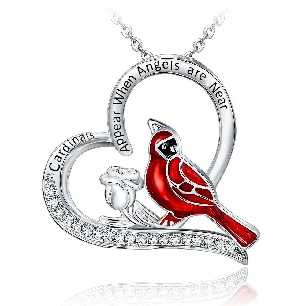 Heart-shaped cardinal pendant necklace in silver, unisex animal model jewellery