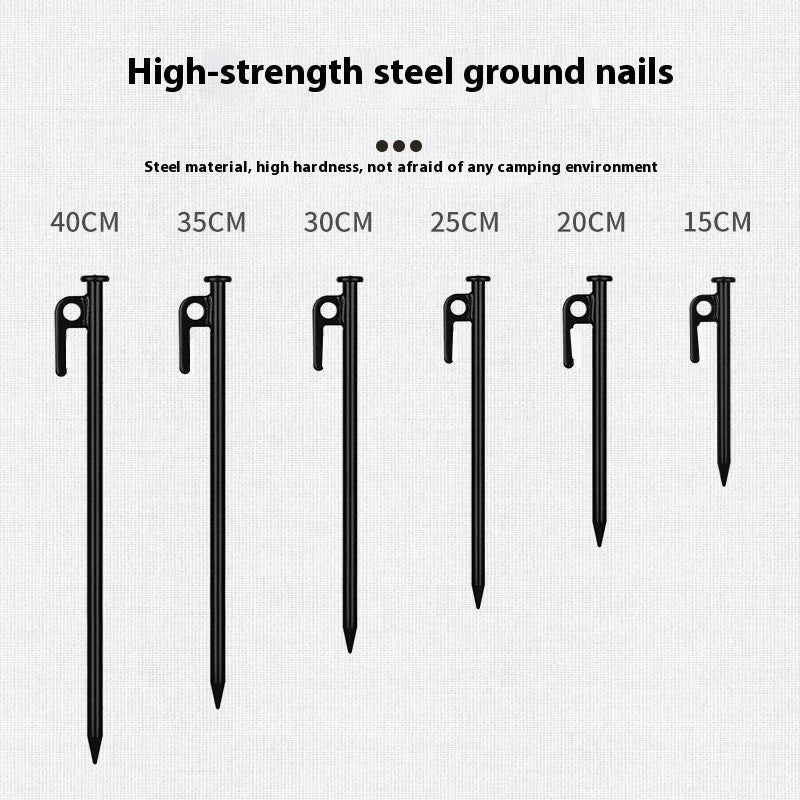 Sturdy black steel camping peg for secure tent pitching, 30cm in length