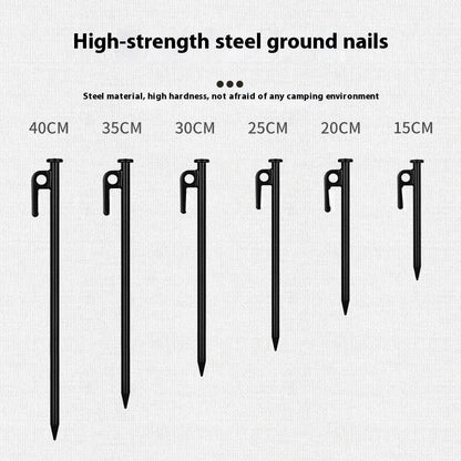 Sturdy black steel camping peg for secure tent pitching, 30cm in length