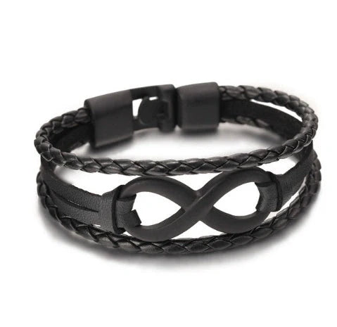 Lucky figure 8 leather bracelet in black and brown, symbolizing infinity and good fortune