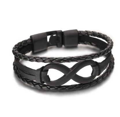 Lucky figure 8 leather bracelet in black and brown, symbolizing infinity and good fortune