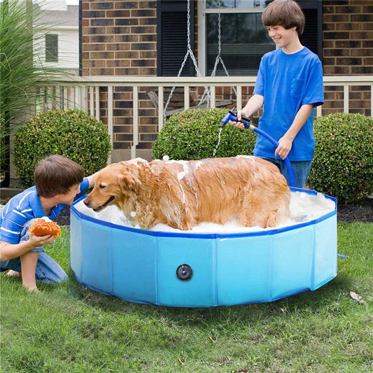 Collapsible dog pool with drain for easy pet bathing and cooling