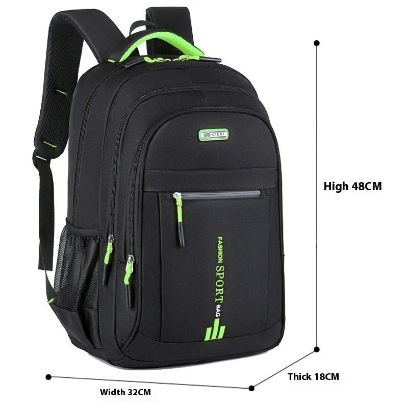 Men's large capacity anti-theft computer backpack in green, blue, black, and orange