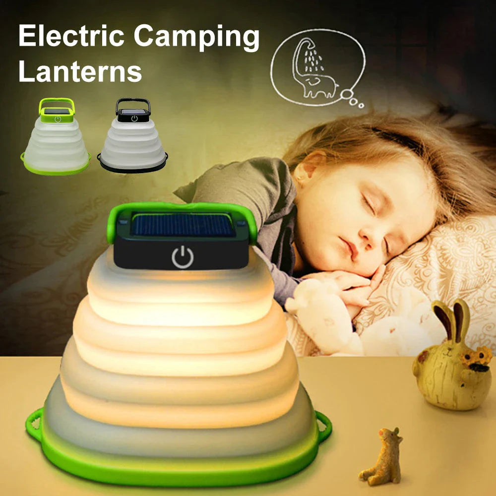 Collapsible camping lantern with solar charging, three brightness levels, and water-resistant design