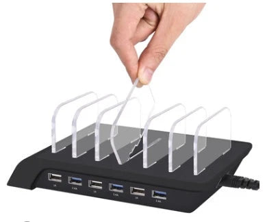 Premium 6-port USB charging hub with intelligent fast charging and charging status reminder, designed for UK smartphone users