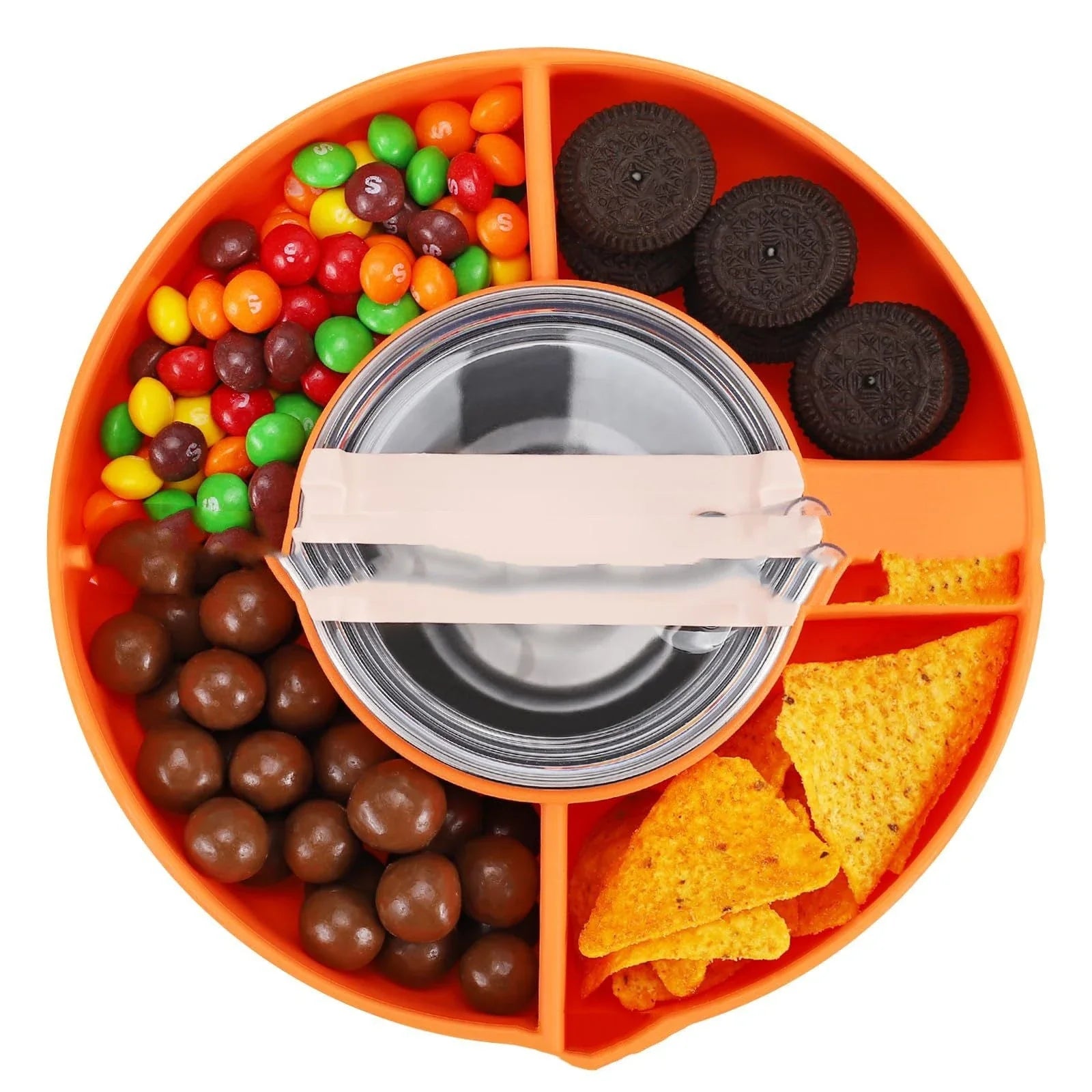 Silicone snack tray with four compartments designed to fit 40 oz tumblers, available in various colors
