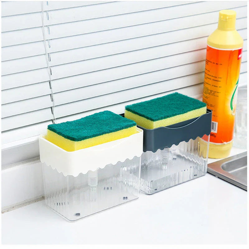 Sleek 2-in-1 soap dispenser and sponge caddy with push-button operation, modern design, and large 380ml capacity