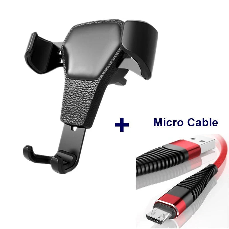 Leather grain gravity mobile phone car holder in black and white, securing a smartphone in a car