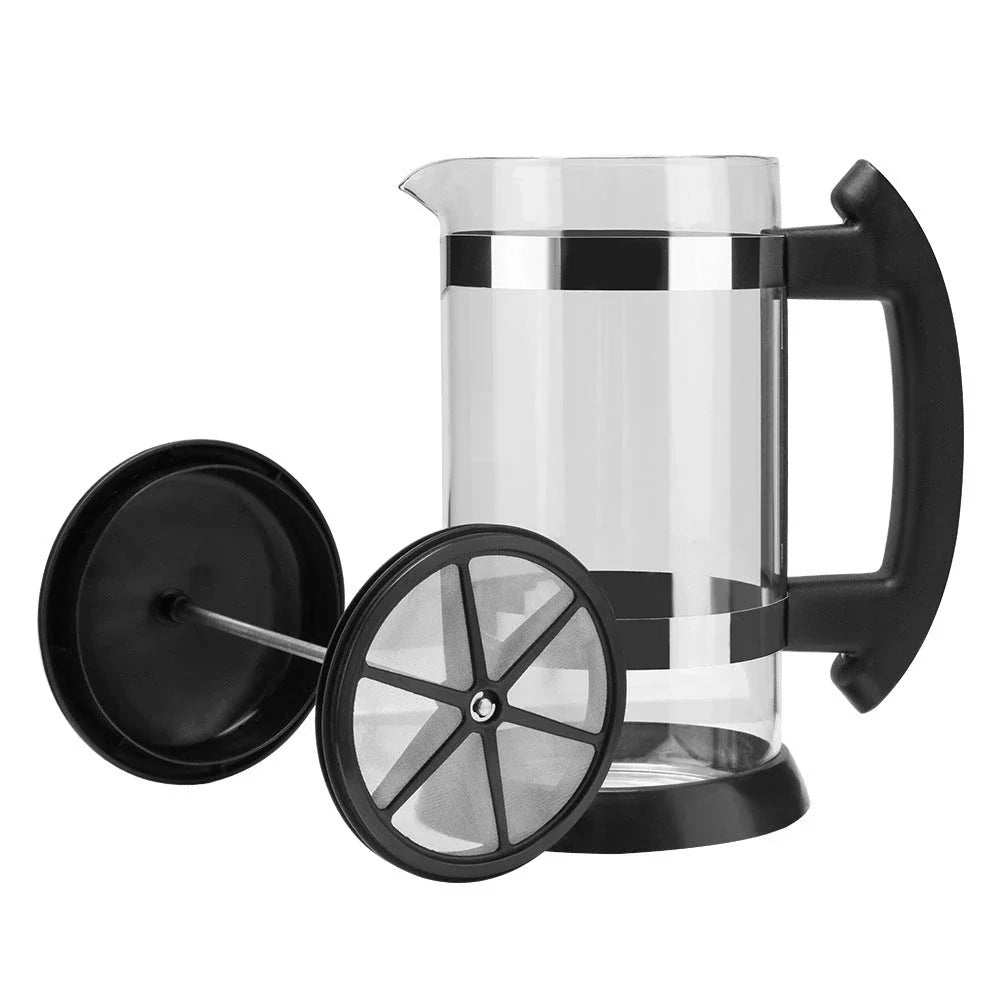 Elegant French press coffee maker in glass and stainless steel, perfect for brewing rich, aromatic coffee at home