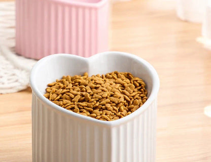 Elevated ceramic pet bowl with angled design for comfortable, natural feeding of cats and dogs