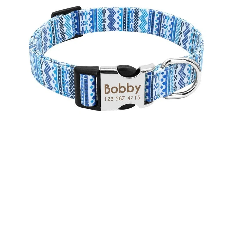 Customisable nylon dog collar with engraved dog tag in various colours