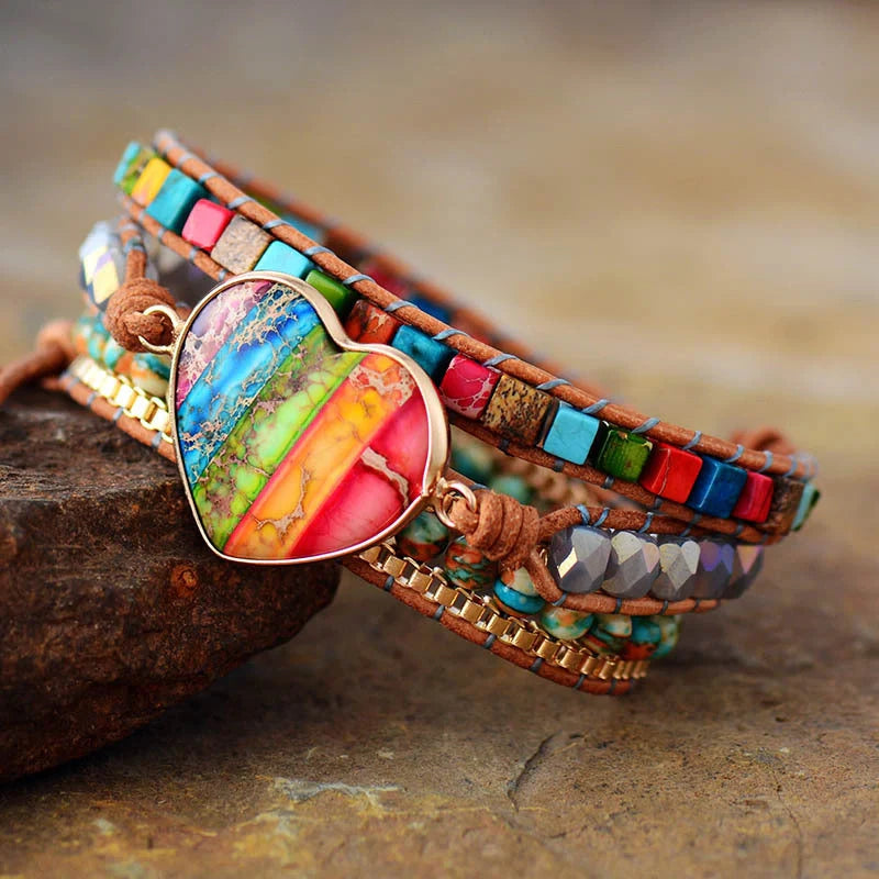 Hand-woven agate peace bracelet with heart-shaped charm