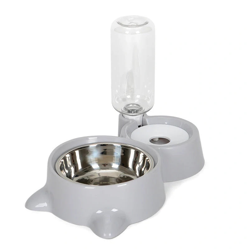Automatic non-electric pet water dispenser with bowl, 1.8L capacity, available in grey, blue, and pink