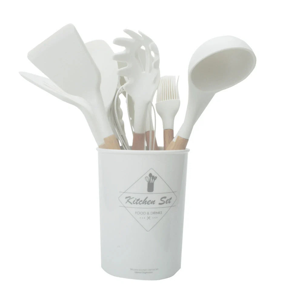 Silicone kitchenware set with wooden handles in various colors and styles, perfect for cooking, baking, and serving