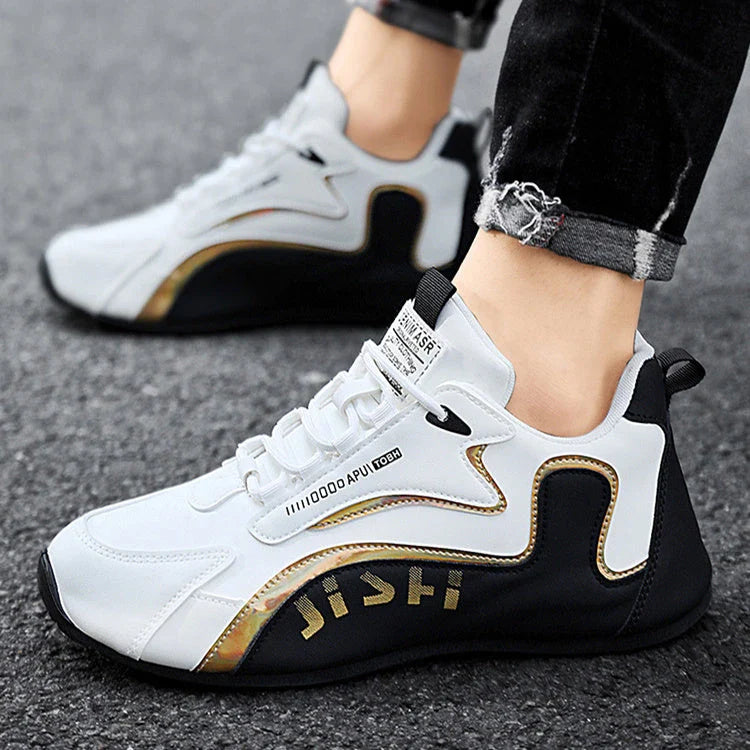 Stylish lace-up sneakers for men in various colorblock designs, featuring breathable mesh or leather uppers and lightweight construction for all-day comfort