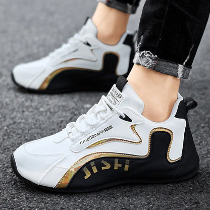 Stylish lace-up sneakers for men in various colorblock designs, featuring breathable mesh or leather uppers and lightweight construction for all-day comfort