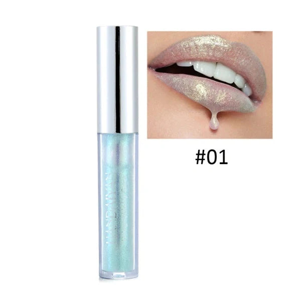 Polarized lip gloss in six vibrant shades, showcasing high-shine finish and vitamin E enrichment