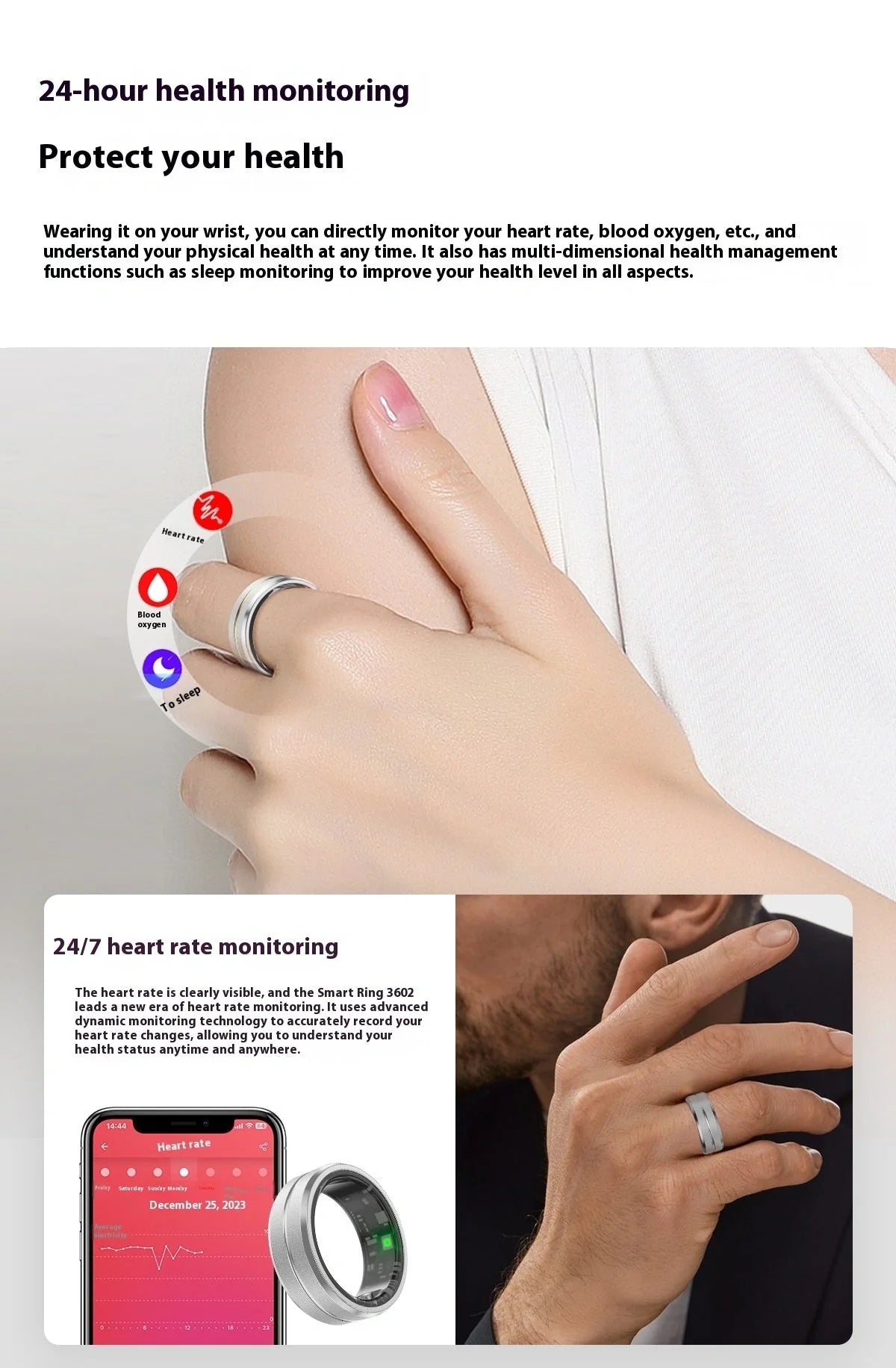 2024 Smart Ring in various colors and sizes with health monitoring features