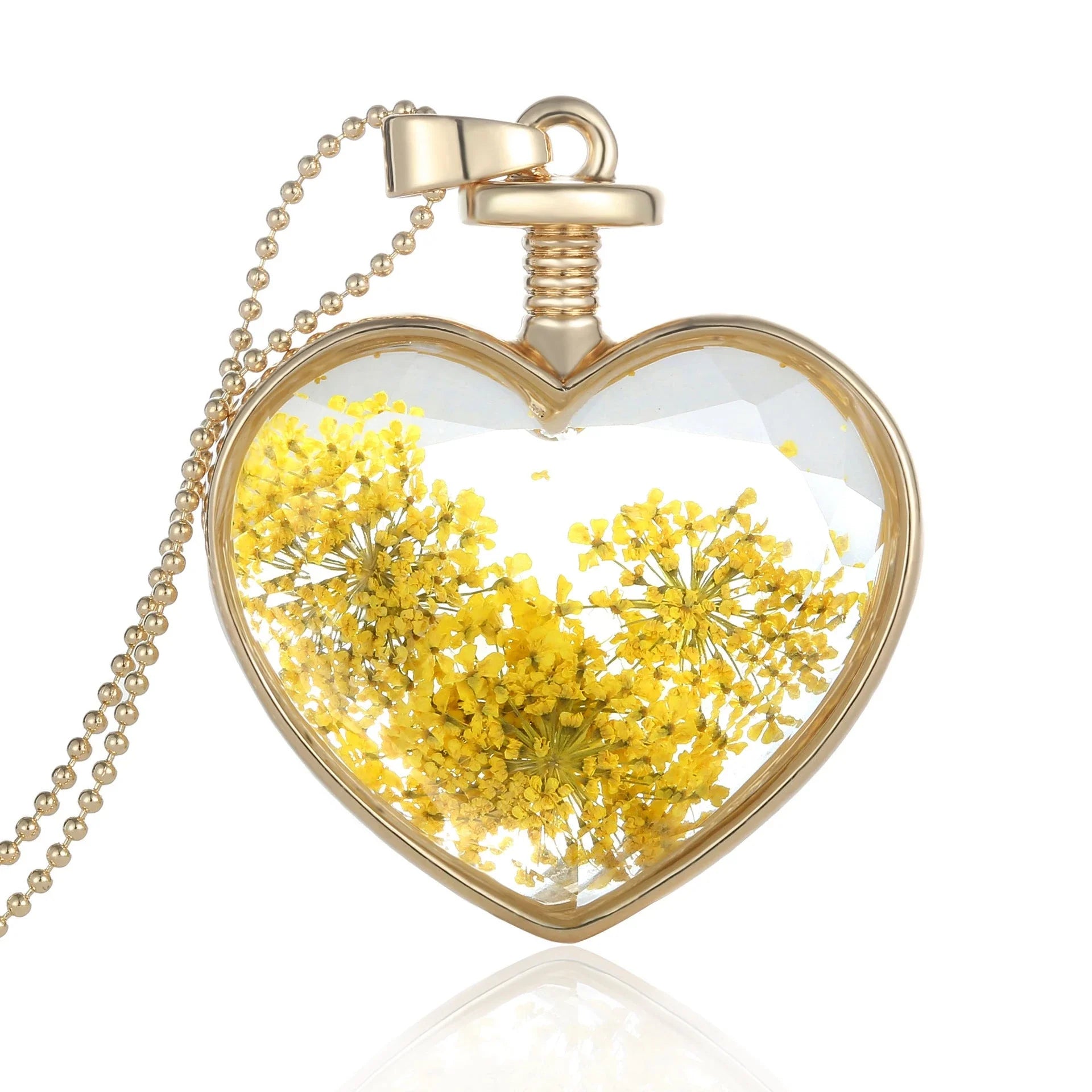 Elegant glass-encased dried flower pendant necklace with bead chain, showcasing a variety of preserved floral arrangements.