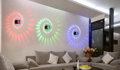 Colorful LED wall lights with a spiral design, featuring a wireless remote control for adjusting the vibrant color-changing display.