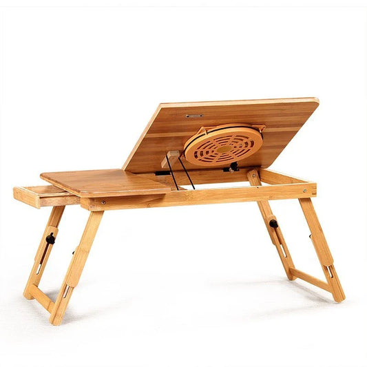 Ergonomic bamboo laptop desk with storage drawers, adjustable legs, and cooling fan for comfortable home office use