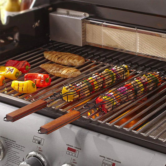 Premium stainless steel BBQ grill basket with rotary lid, wooden handle, and versatile design for outdoor cooking